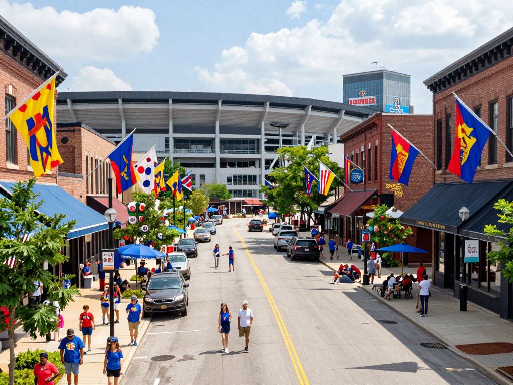 A lively street scene in Kansas City with flags and decorations for the World Cup.