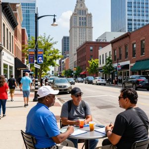 Residents discussing the 18th and Vine streetcar extension at a public meeting in Kansas City