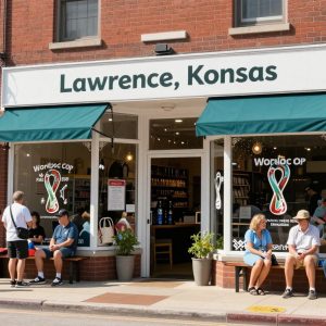 Storefront of a small business in Lawrence, Kansas, preparing for World Cup visitors