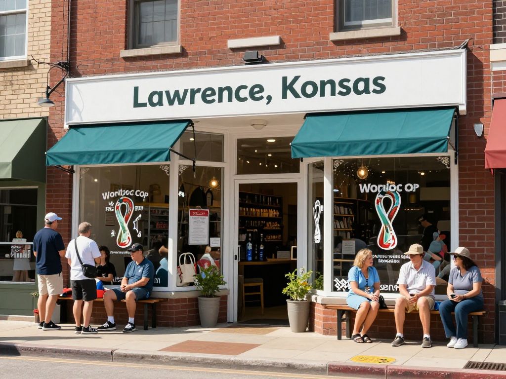 Storefront of a small business in Lawrence, Kansas, preparing for World Cup visitors