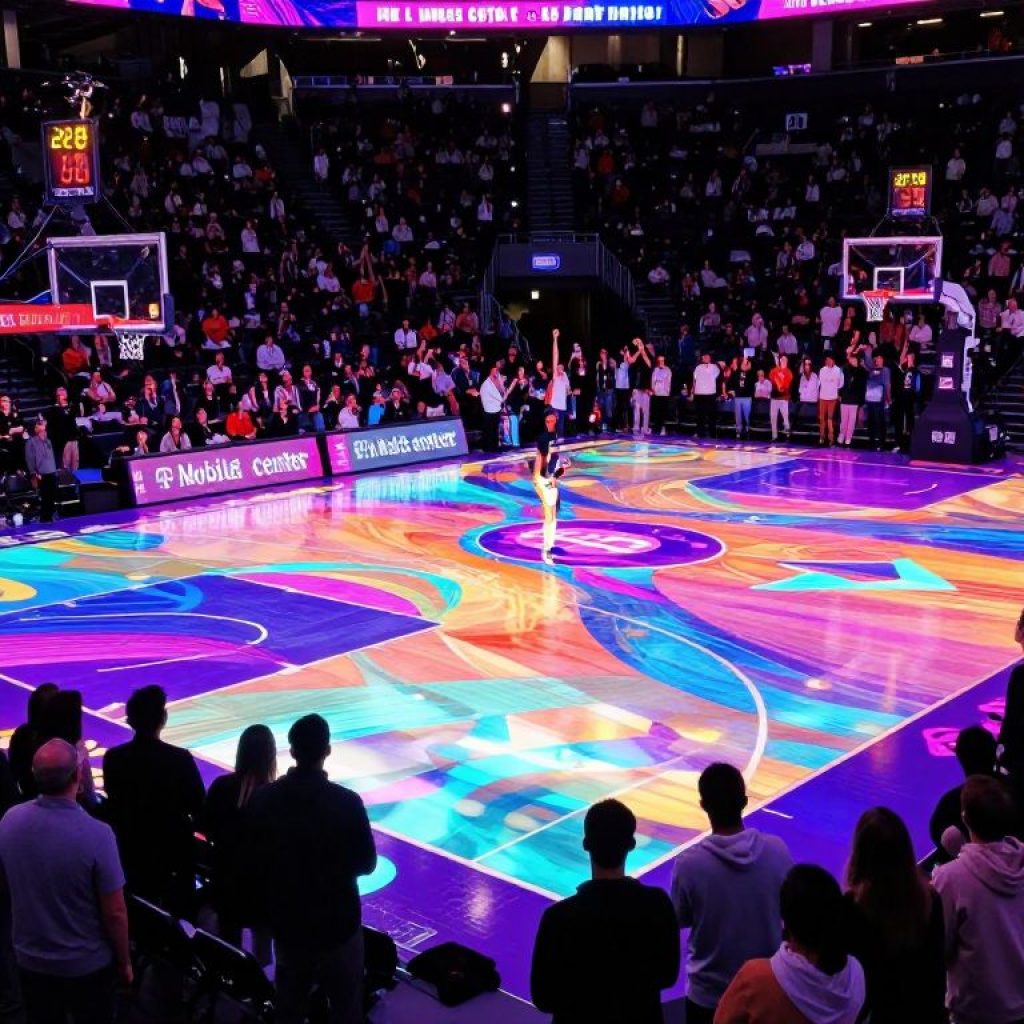 Illustration of LED glass basketball court during Big 12 tournament in Kansas City