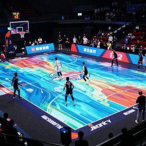 High-tech LED glass basketball court at the Big 12 tournament.