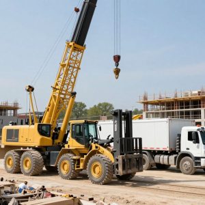 Heavy equipment operating on a construction site, featuring loader cranes and MOFFETT trucks.