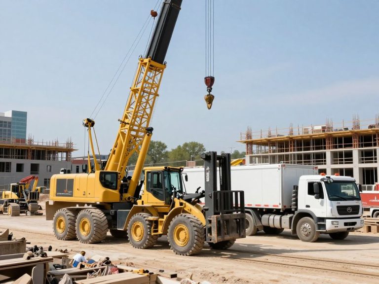 Heavy equipment operating on a construction site, featuring loader cranes and MOFFETT trucks.