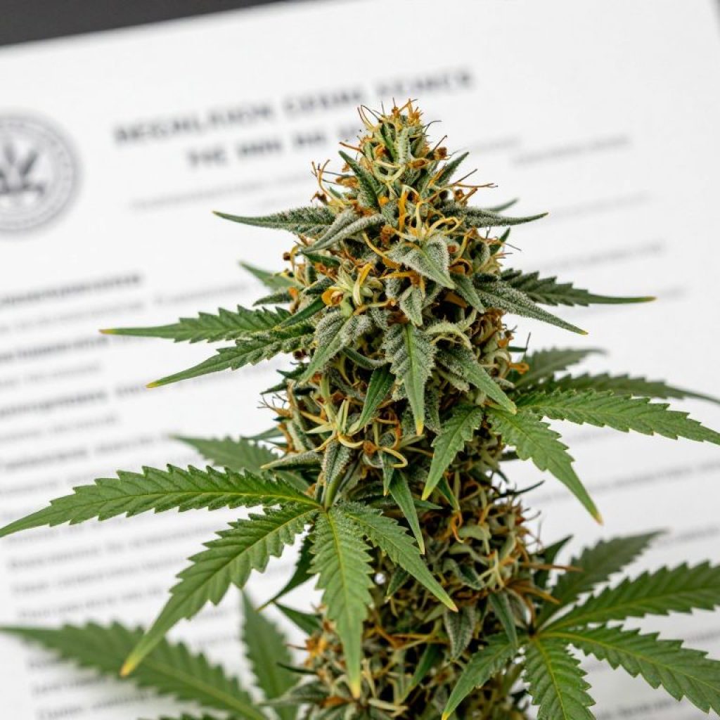 Illustration of cannabis plant alongside regulatory documents.