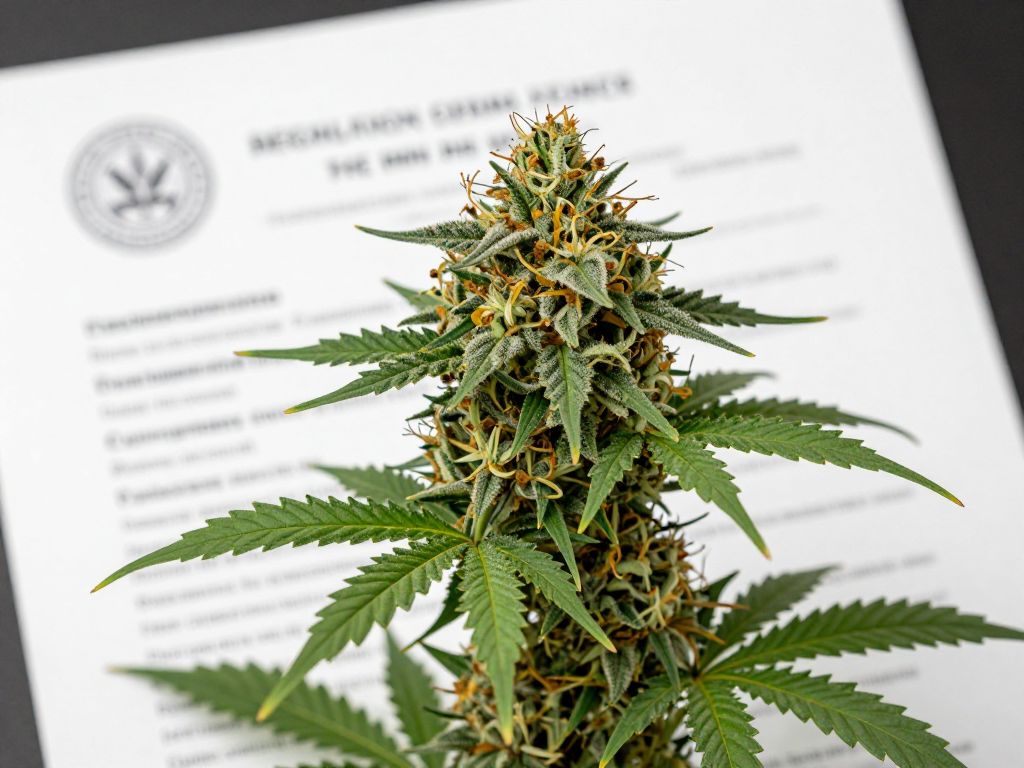 Illustration of cannabis plant alongside regulatory documents.