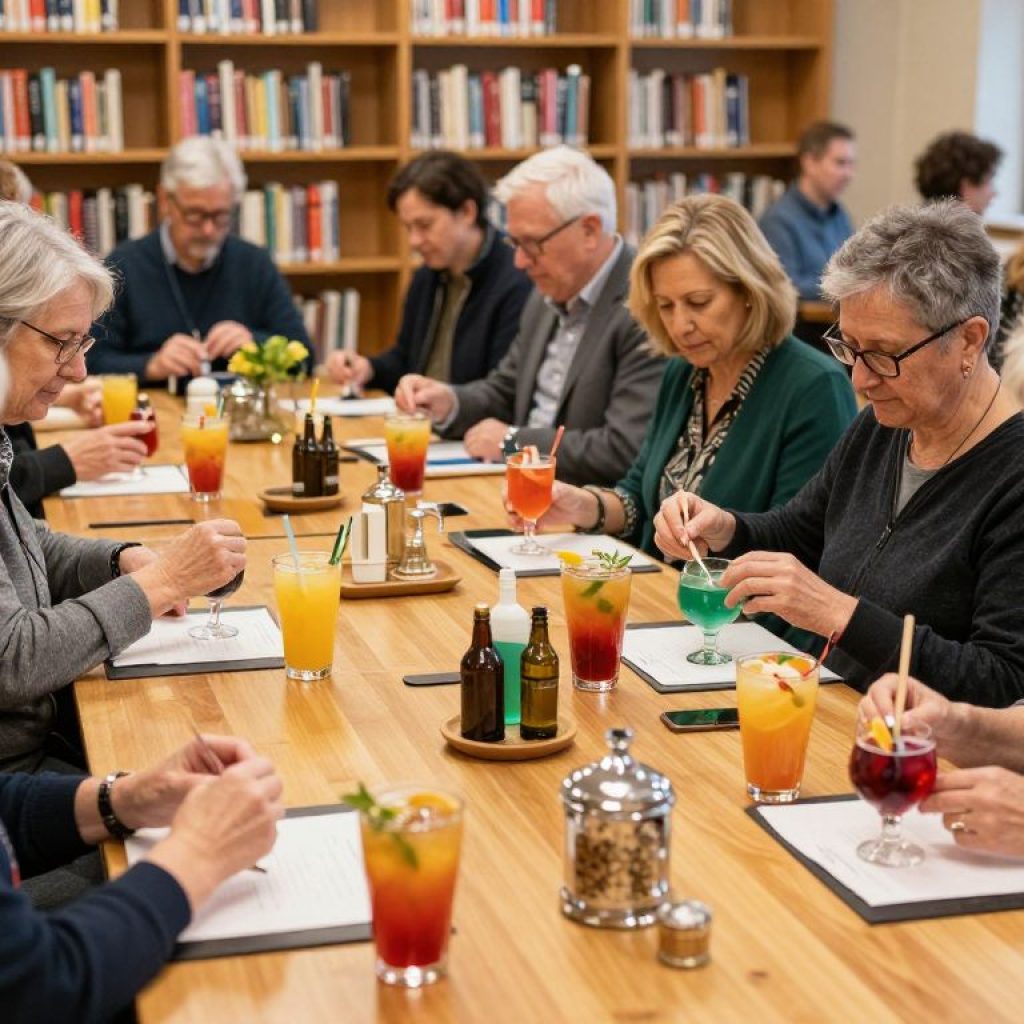 Adults crafting mocktails at a community library event.