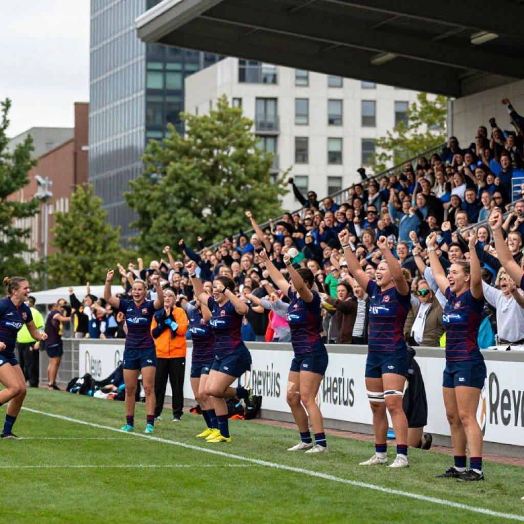 Women playing rugby at the Pacific Four tournament in Kansas City