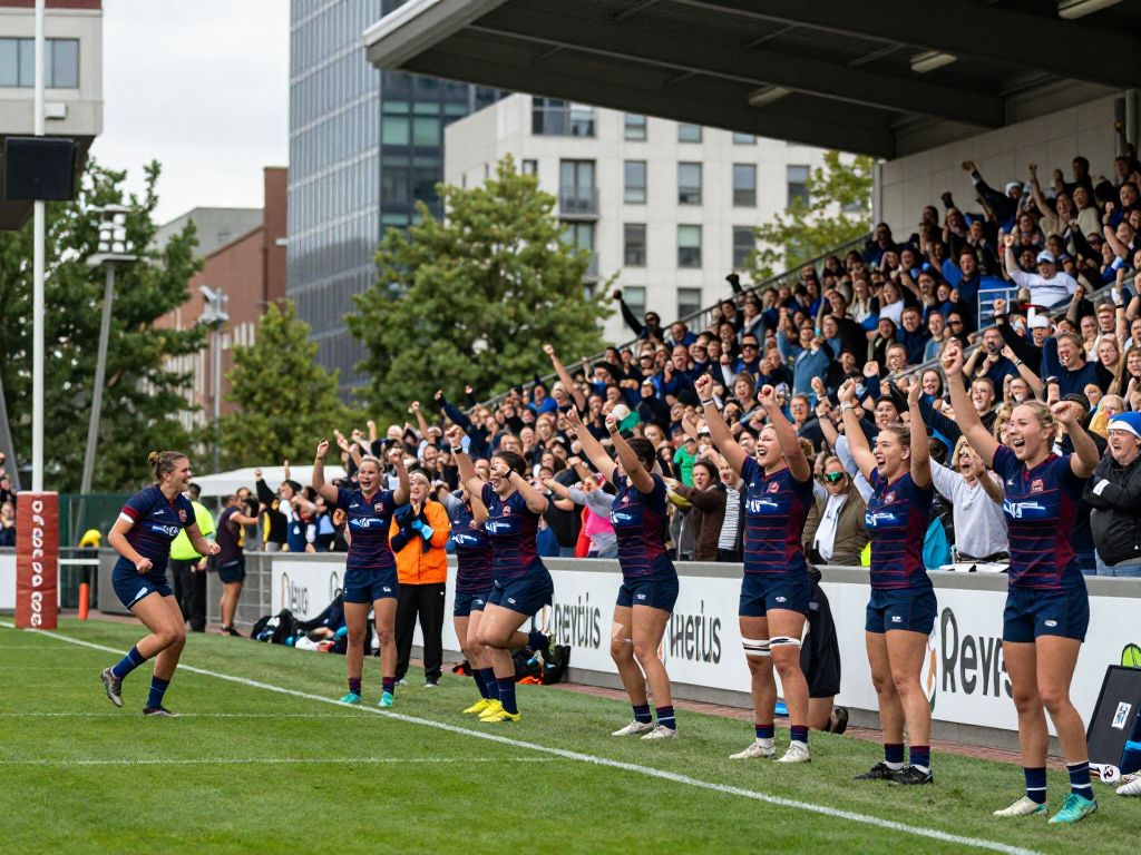 Women playing rugby at the Pacific Four tournament in Kansas City