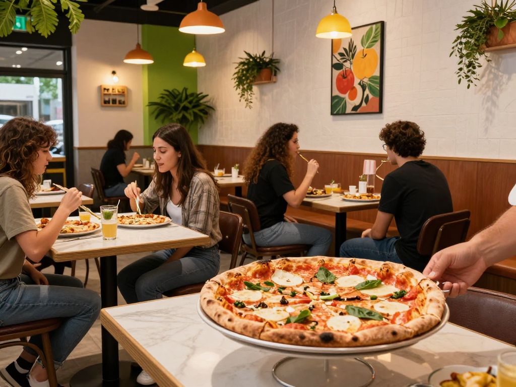 Interior of Pizza Kwik with customers enjoying pizza