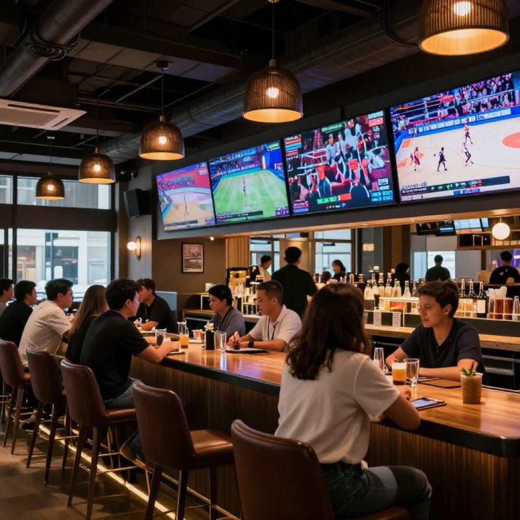 Interior view of Revel Sports Bar in Kansas City, featuring patrons enjoying sports.