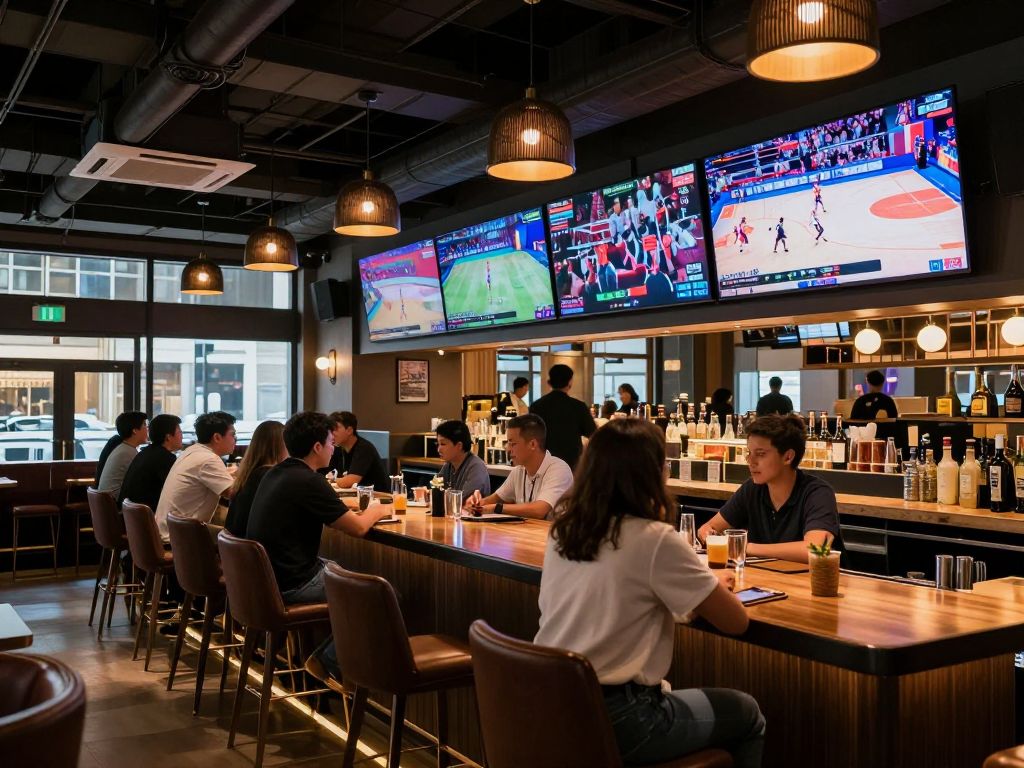 Interior view of Revel Sports Bar in Kansas City, featuring patrons enjoying sports.