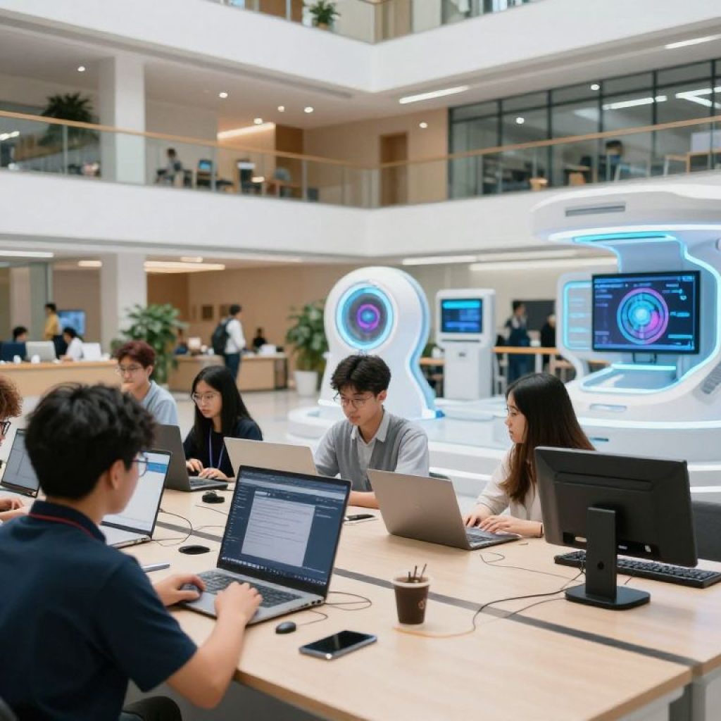 Students engaging in technology projects at Rockhurst University
