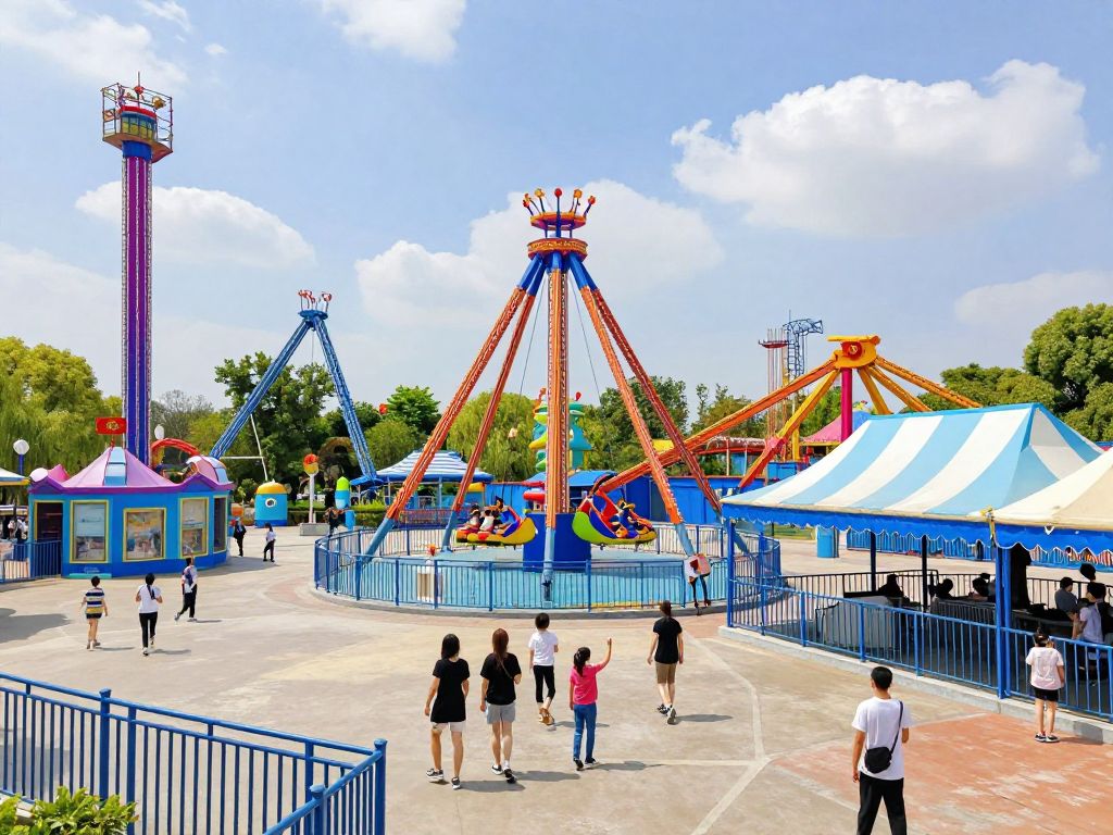 Families enjoying rides at Six Flags theme park in Texas