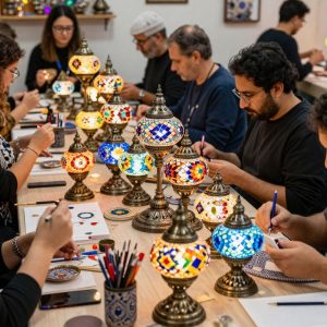 Participants engaged in Turkish mosaic lamp-making workshop in Kansas City.