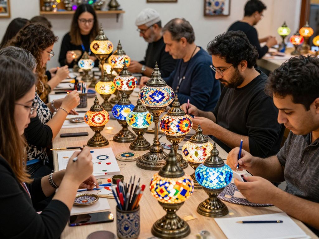 Participants engaged in Turkish mosaic lamp-making workshop in Kansas City.