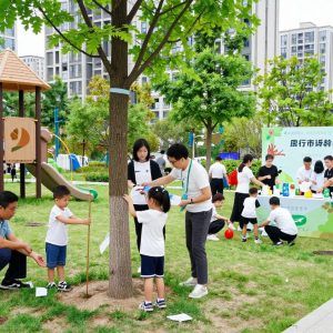 Families participating in tree-related activities at the Urban Woods event