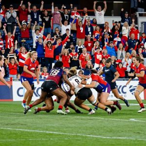 Players competing in an international women's rugby double-header at CPKC Stadium.