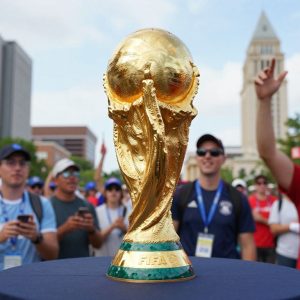 FIFA World Cup Trophy displayed in Kansas City with enthusiastic crowd
