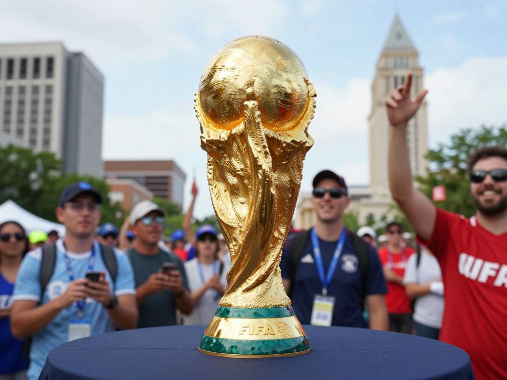 FIFA World Cup Trophy displayed in Kansas City with enthusiastic crowd